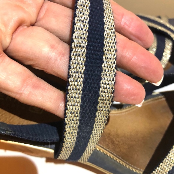 Sperry Topsider Navy Blue & Gold Crisscross Front Cork Heel Sandal. 4” heel - Picture 6 of 11